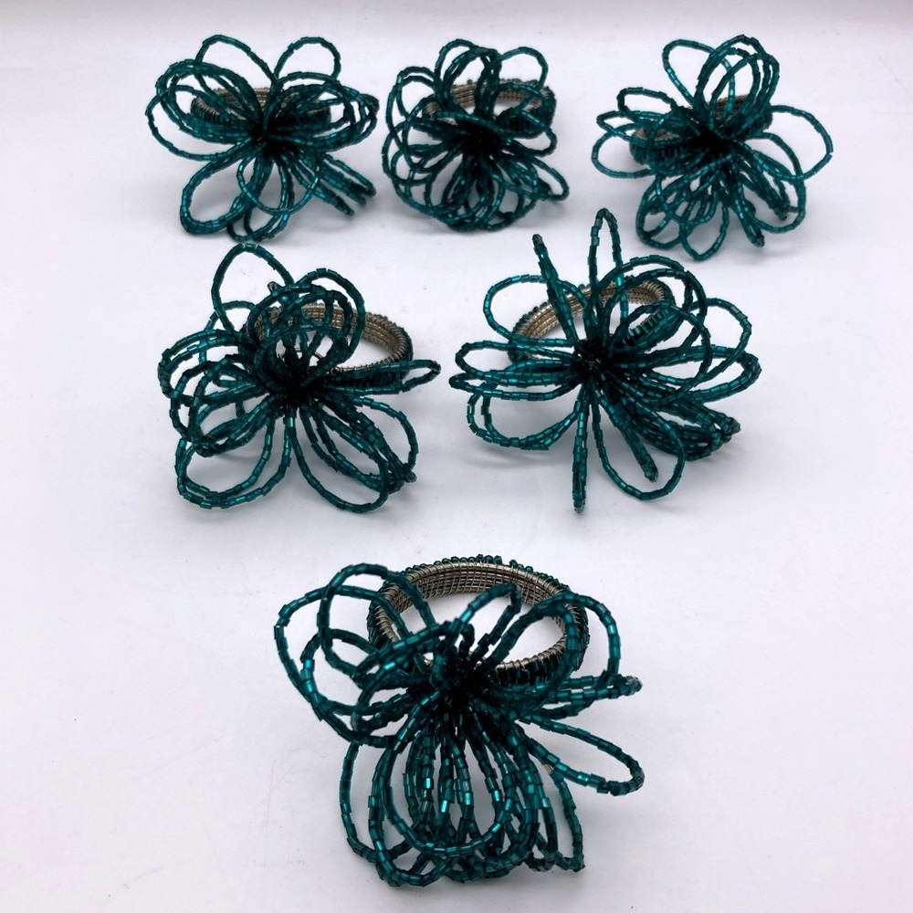 Set Of 6 Pier One Shimmer Beaded Flower Napkin Rings Peacock Blue/Green 2010